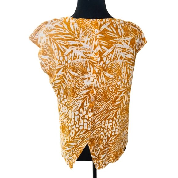 Christian Siriano 100% Linen Mustard Yellow Tropical Floral Back Button Top M - Picture 2 of 9